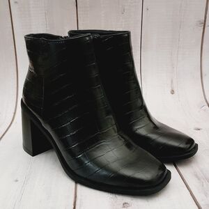 Black Croc-Embossed Ankle Boots